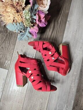 DKNY Heva Red Leather Strappy Open Toe Pumps – Women’s Size 6.5